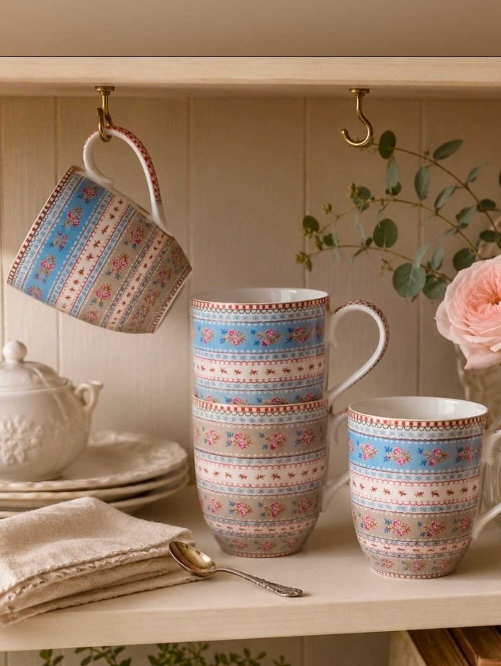 Pip Studio Ribbon Rose Porcelain Mug Set of 4 Blue Khaki Floral